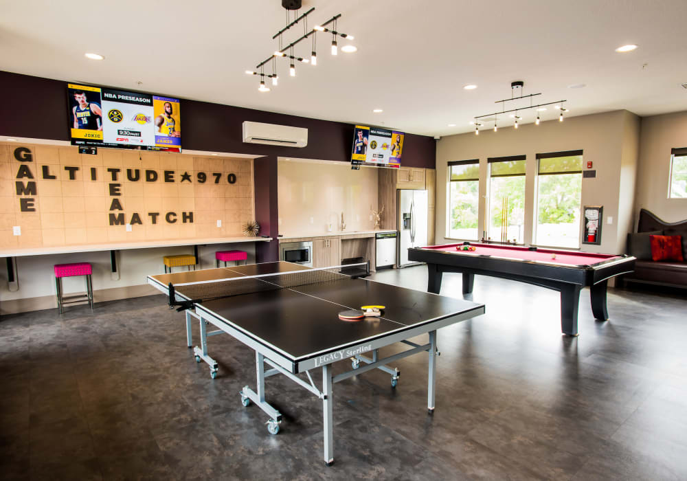 Resident game room at Altitude 970 in Kansas City, Missouri.