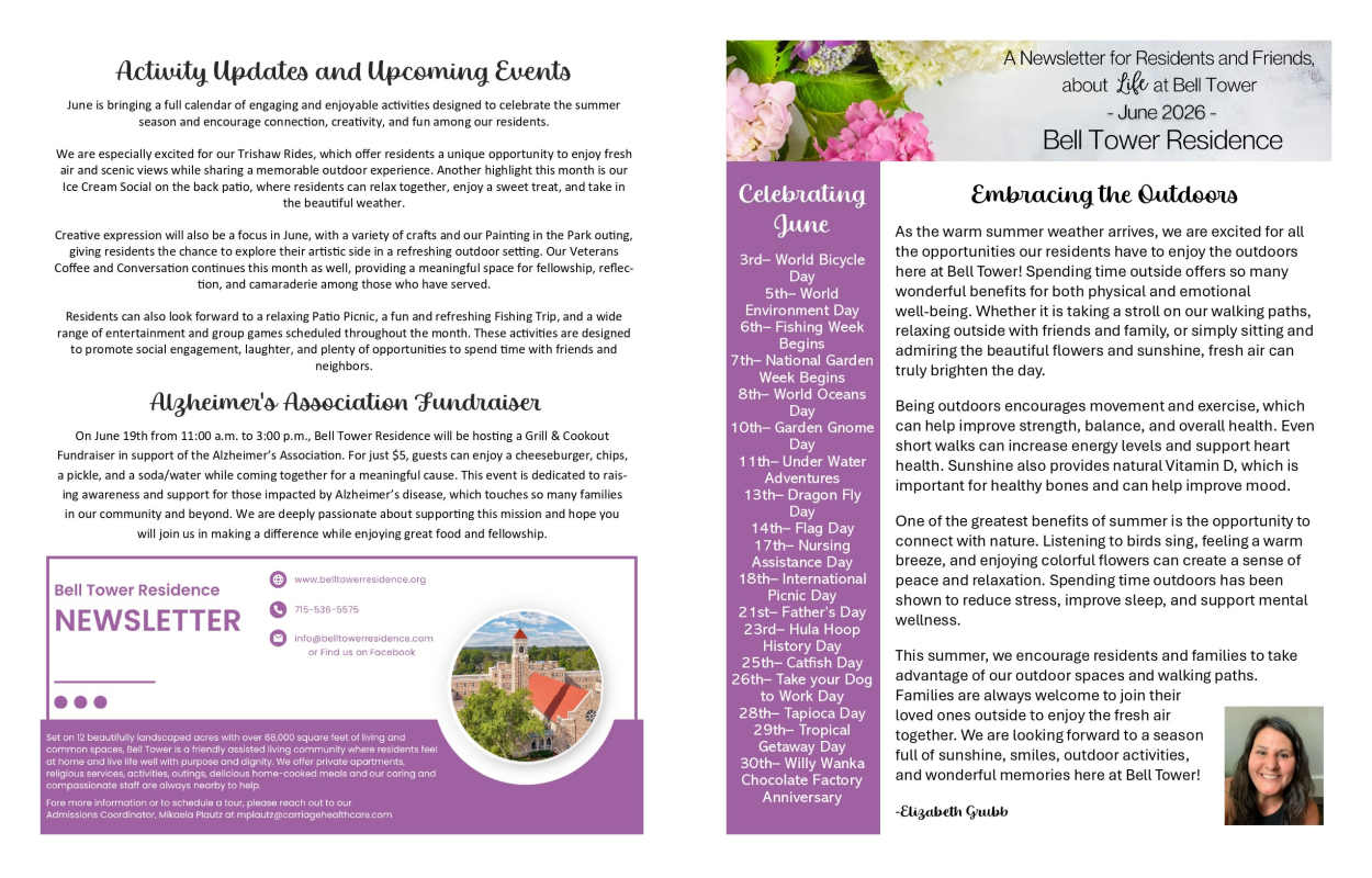 June 2026 Newsletter at Bell Tower Residence Assisted Living in Merrill, Wisconsin