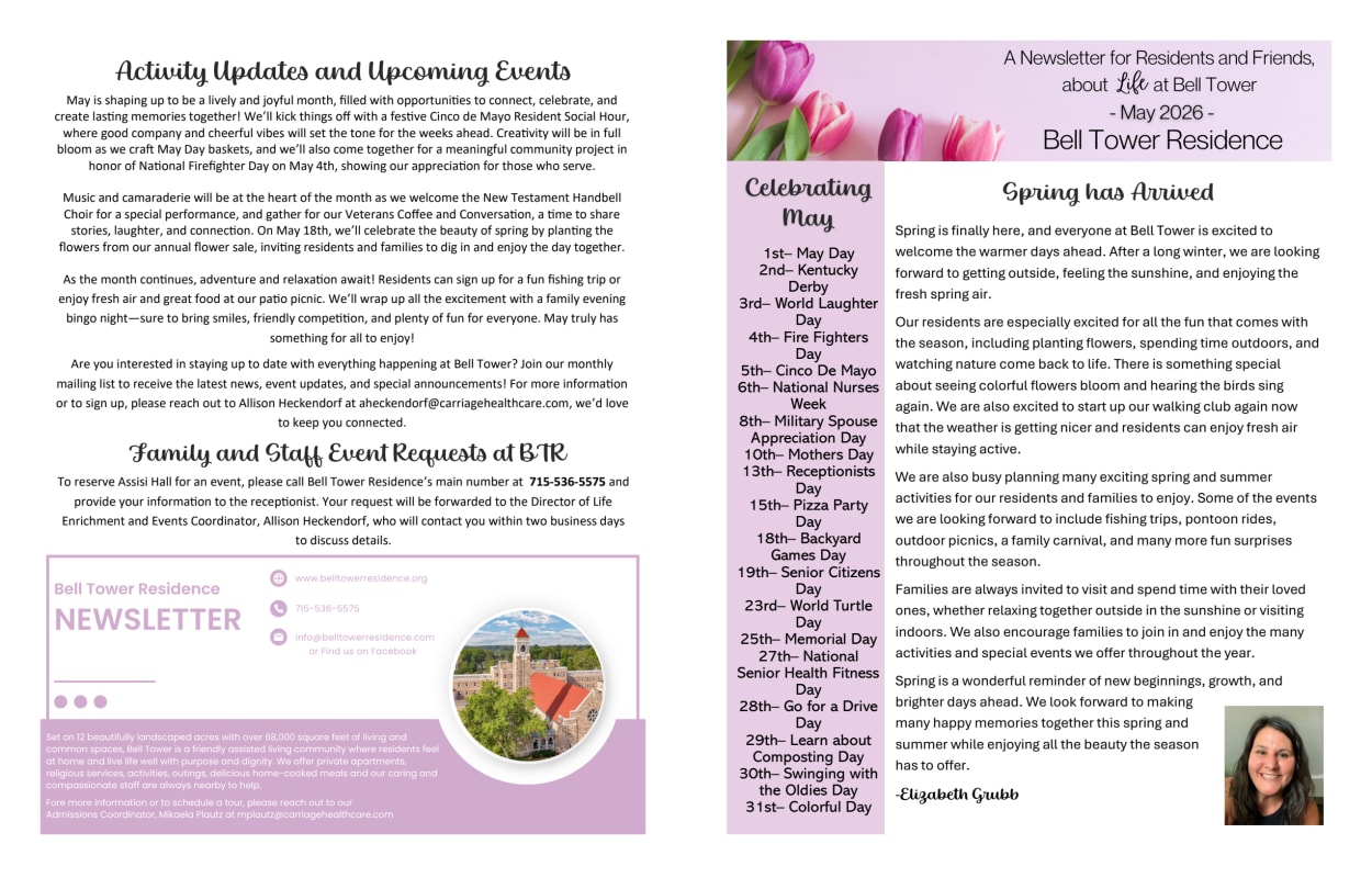May 2026 Newsletter at Bell Tower Residence Assisted Living in Merrill, Wisconsin