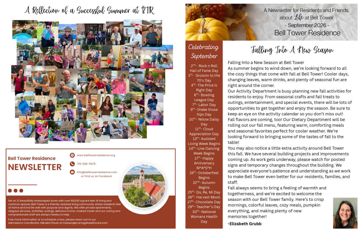 September 2026 Newsletter at Bell Tower Residence Assisted Living in Merrill, Wisconsin