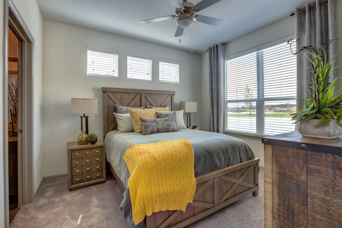 Apartment bedroom at Williamson at the Overlook in Georgetown, Texas
