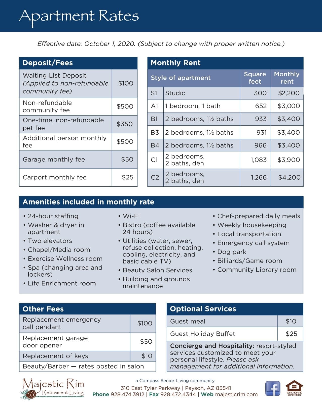 Rates at Majestic Rim Retirement Living