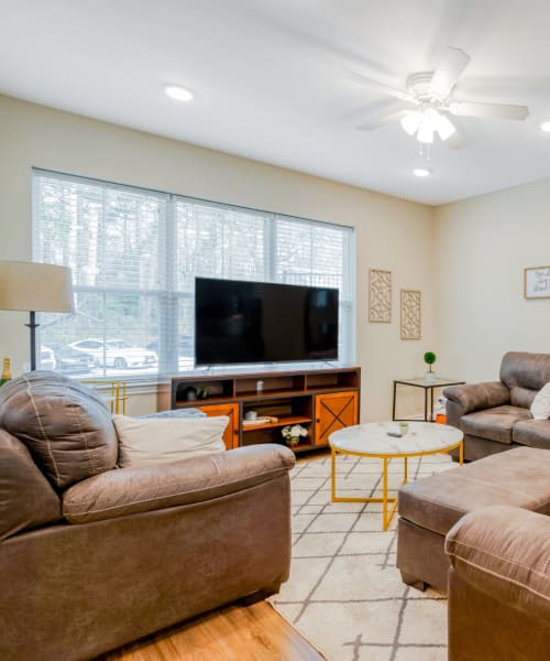 Wood-style flooring in a living room at Huntsville Village Apartments in Huntsville, Texas