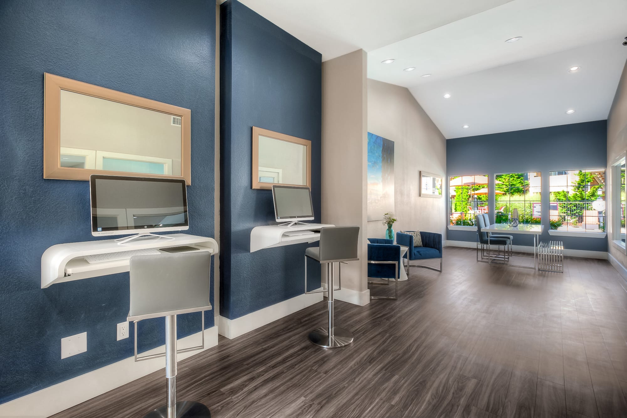 Business center with computers at Newport Crossing Apartments in Newcastle, Washington