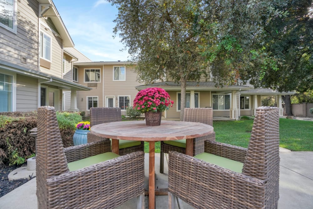 Outdoor patio seating at The Commons at Elk Grove in Elk Grove, California