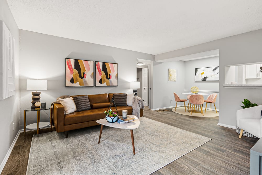 Model modern living room at Aurella Cary in Cary, North Carolina