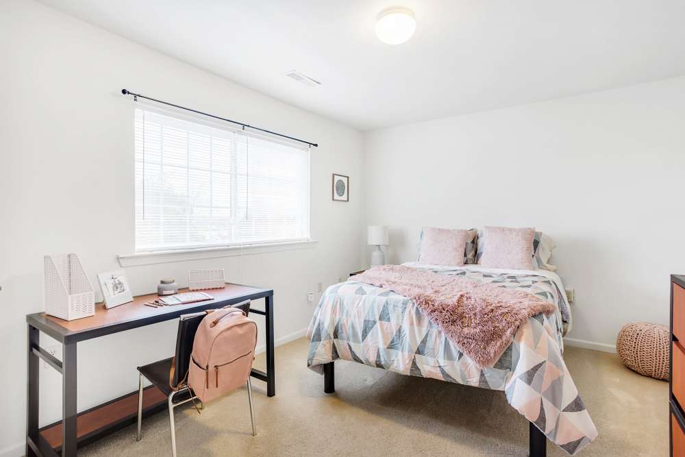 Student apartment with bed at Traverse Commons in Indiana, Pennsylvania