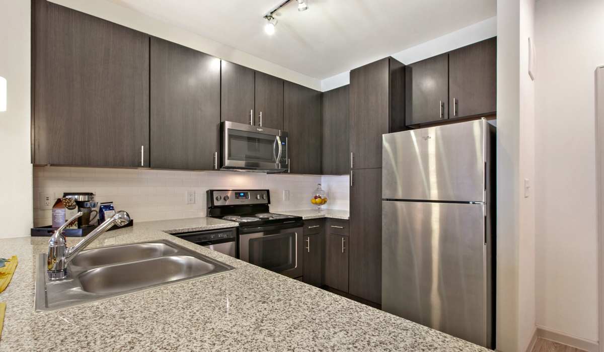 Stainless steel appliance kitchen with granite countertops at Sadler House in San Marcos, Texas