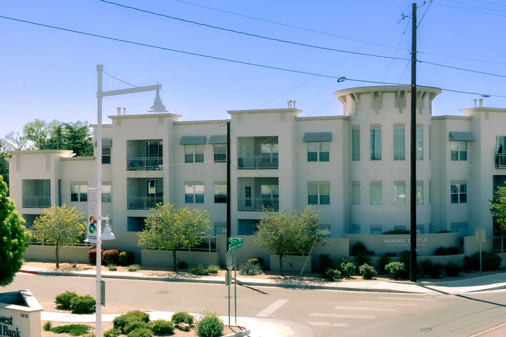 Exterior view of apartments at  Huning Castle Luxury Apartments in Albuquerque, New Mexico