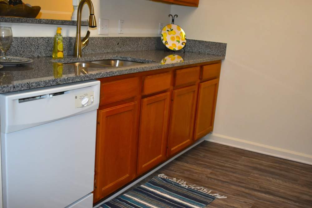 Kitchen with double-basin sink and wood cabinetry at Riverfront in Mount Holly, North Carolina