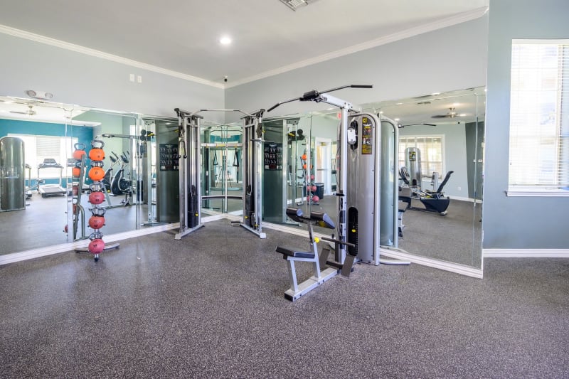 Well equipped fitness center at The View at Lakeside in Lewisville, Texas