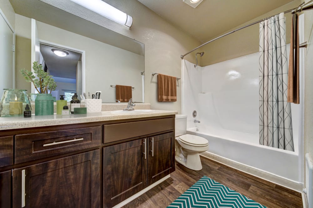Decorated master bathroom with a large counter and vanity mirror at The Timbers Apartments in Hayward, California