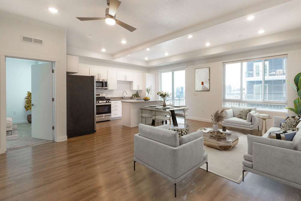 Spacious open floorplan dining room and kitchen view at The Hardison in Salt Lake City, Utah