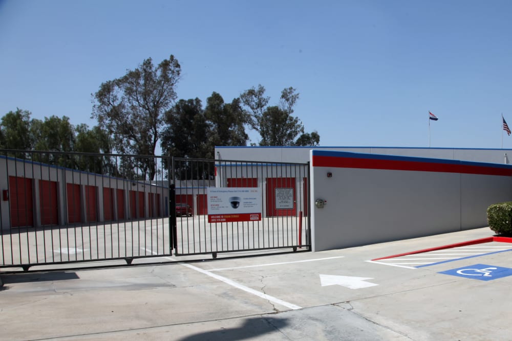 Security entrance to Trojan Storage of Colton in Colton, California