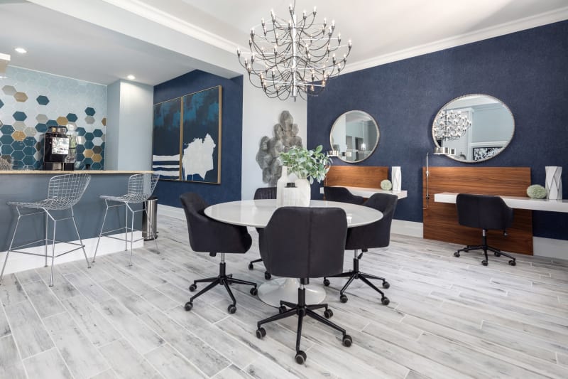 Lobby with coffee station at Luxe at 1820 in Tampa, Florida