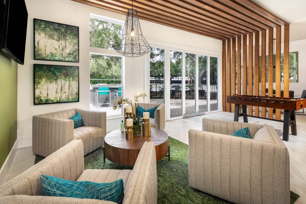 Bright and luxuriously furnished lobby interior at Amira at Westly in Tampa, Florida