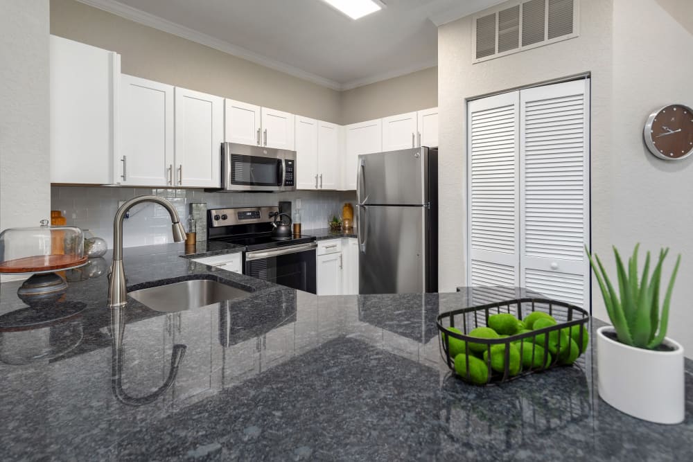 Modern open kitchen with granite countertops at Mezza in Jacksonville, Florida