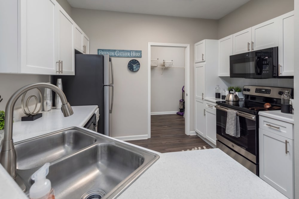 Dual-basin sink and quartz countertops in a model home's kitchen at Highlands at Alexander Pointe in Charlotte, North Carolina
