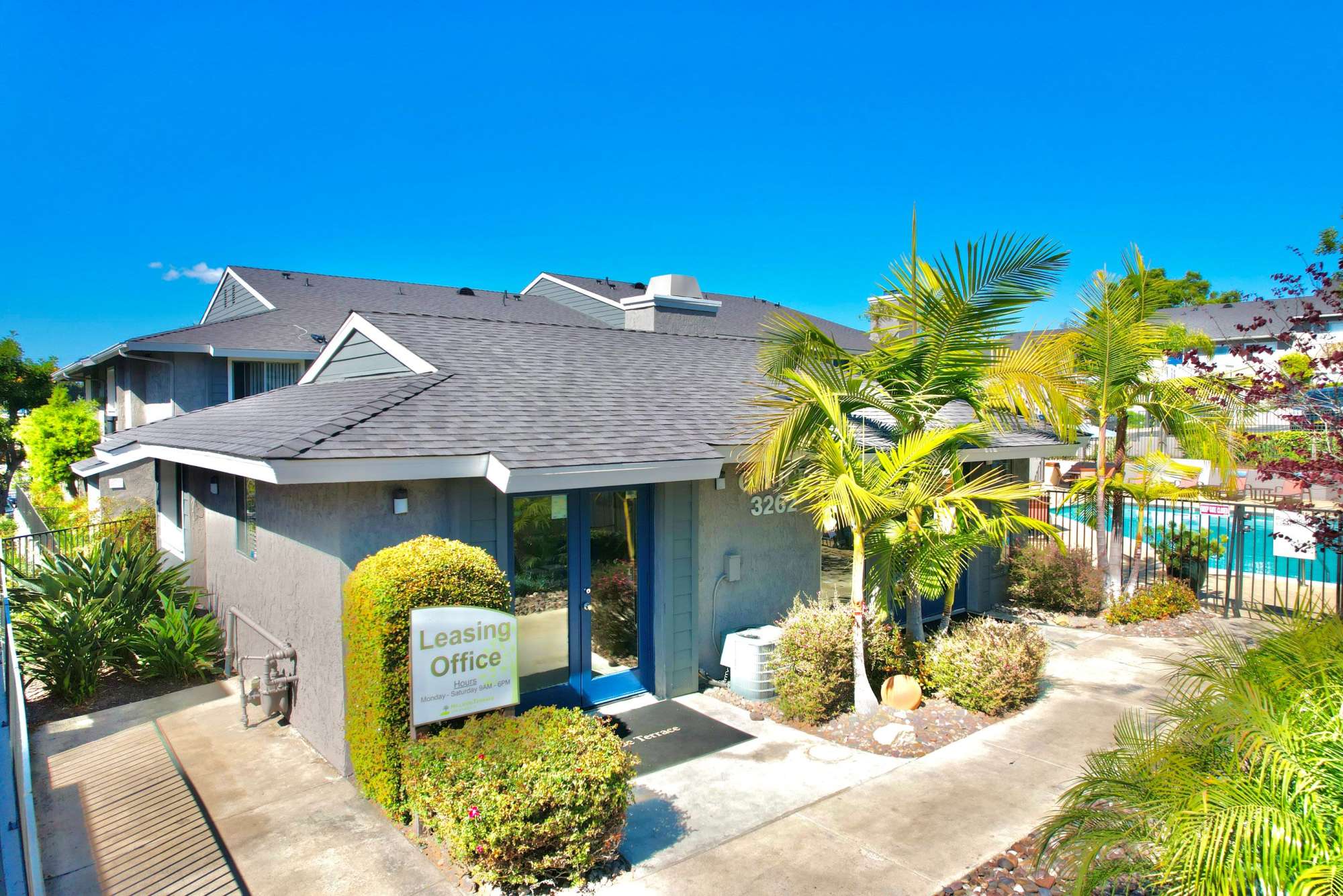 The outside of the leasing office at Hillside Terrace Apartments in Lemon Grove, California