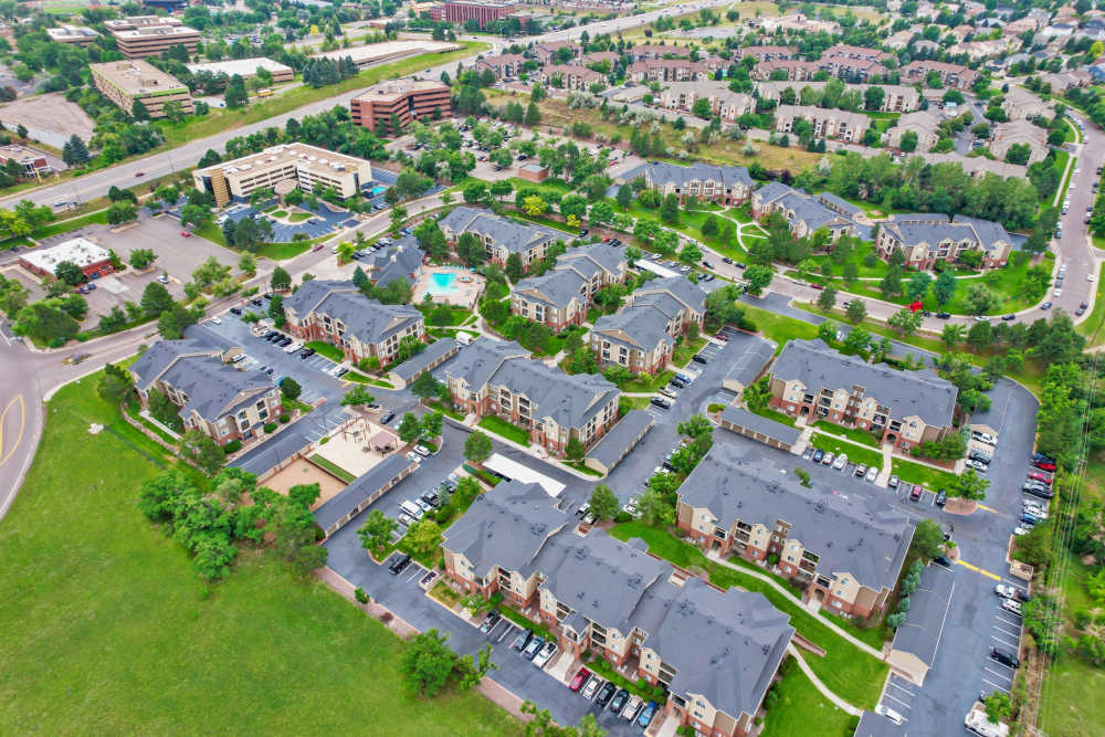 Aerial view of the community at Skyecrest Apartments in Lakewood, Colorado