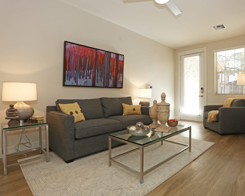 Luxurious decor in a model home's open-concept living areas at Mountain Trail in Flagstaff, Arizona