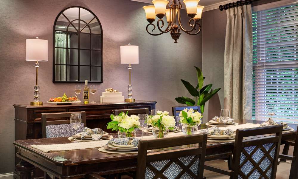 Private dining room with elegant table setting at Waltonwood Cotswold in Charlotte, North Carolina  