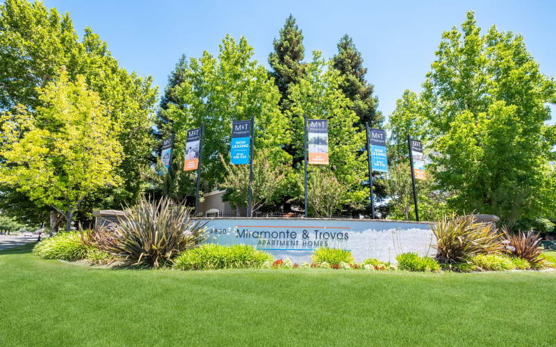 Lush Landscaping surrounding monument sign at Miramonte and Trovas in Sacramento, California