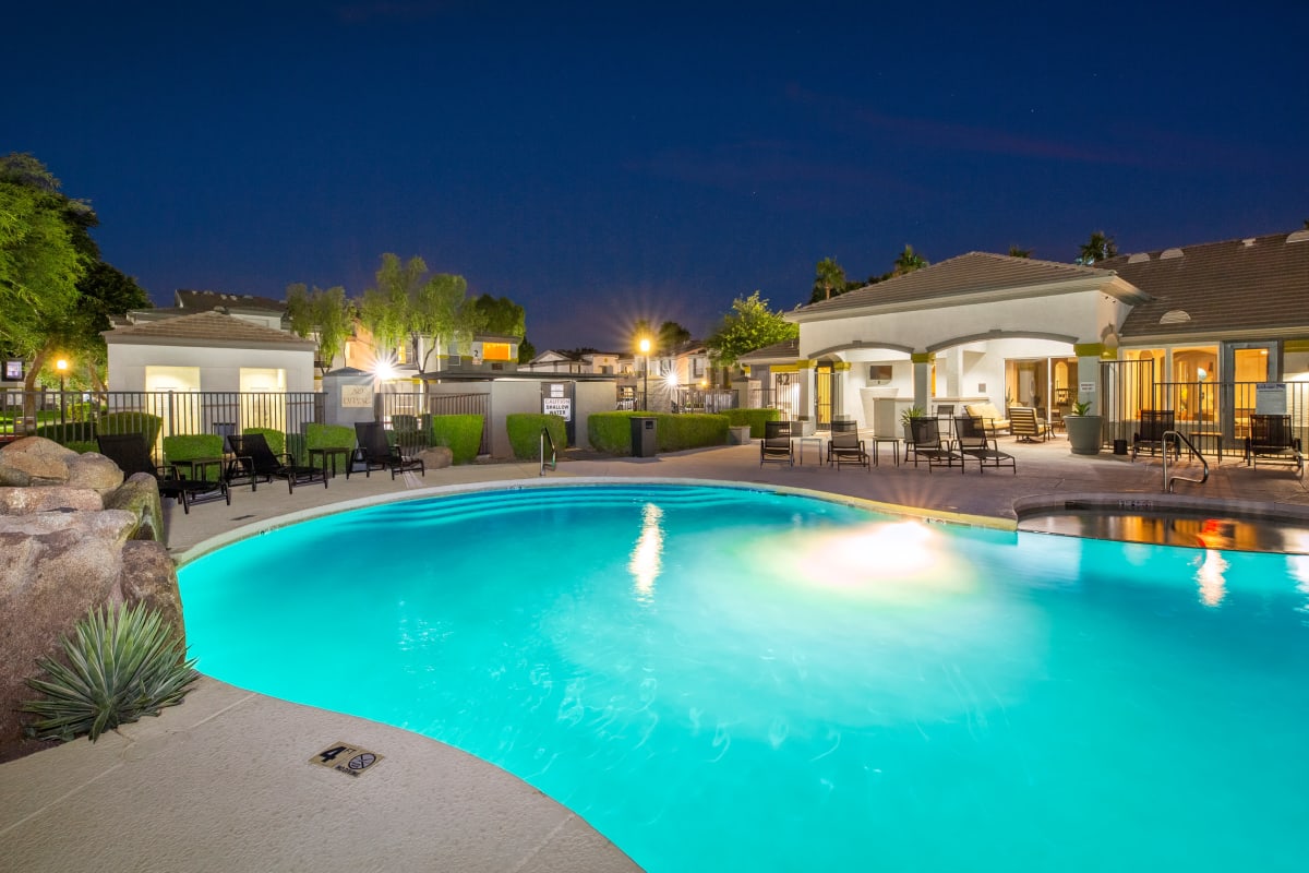 Sunset view of pool at Tamarron, Phoenix, Arizona