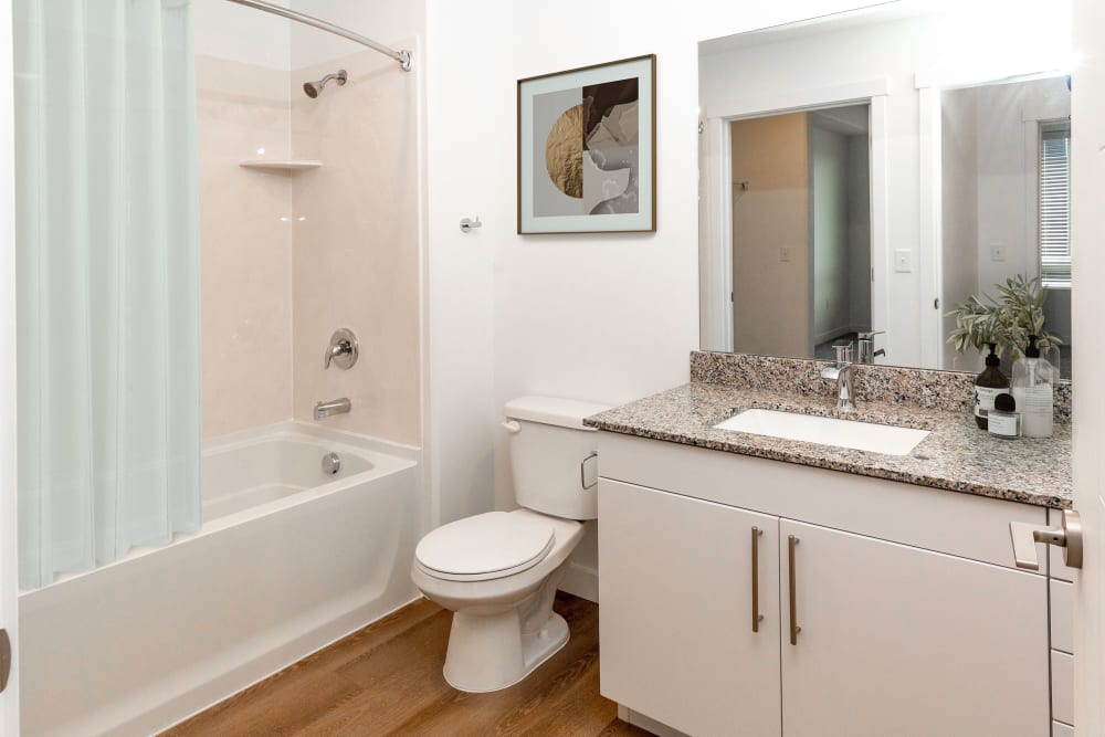 Bathroom with white cabinets at The Hardison in Salt Lake City, Utah