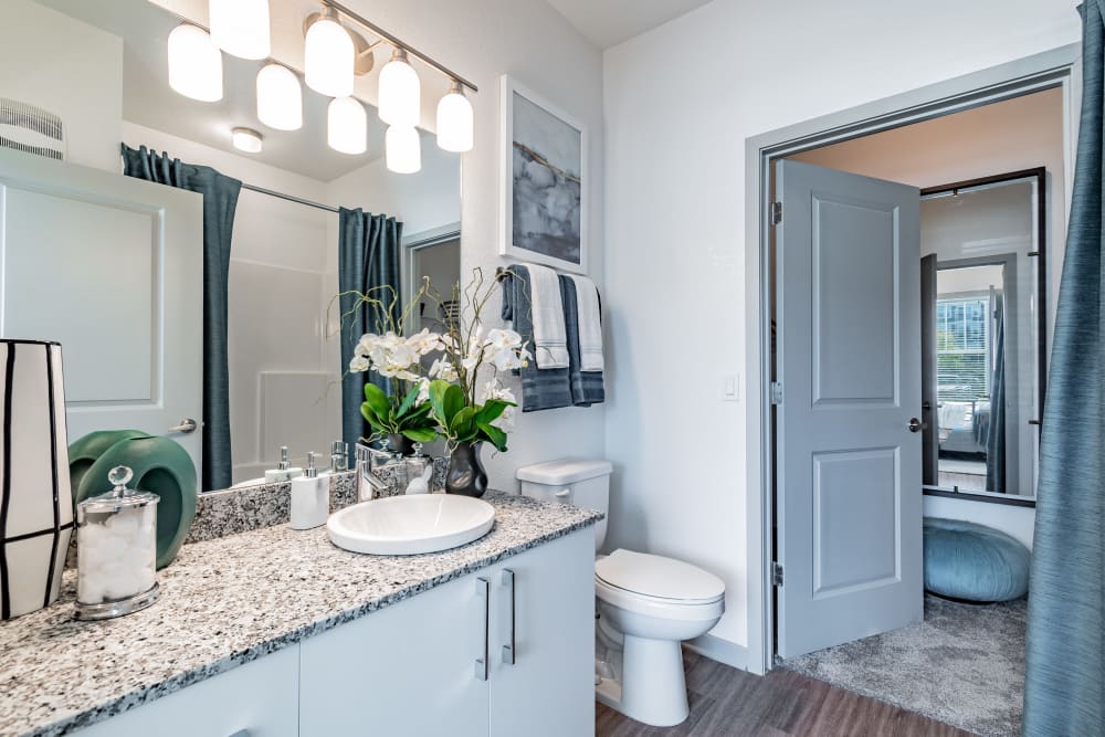 Apartment bathroom with granite counter tops at Vue on Lake Monroe in Sanford, Florida