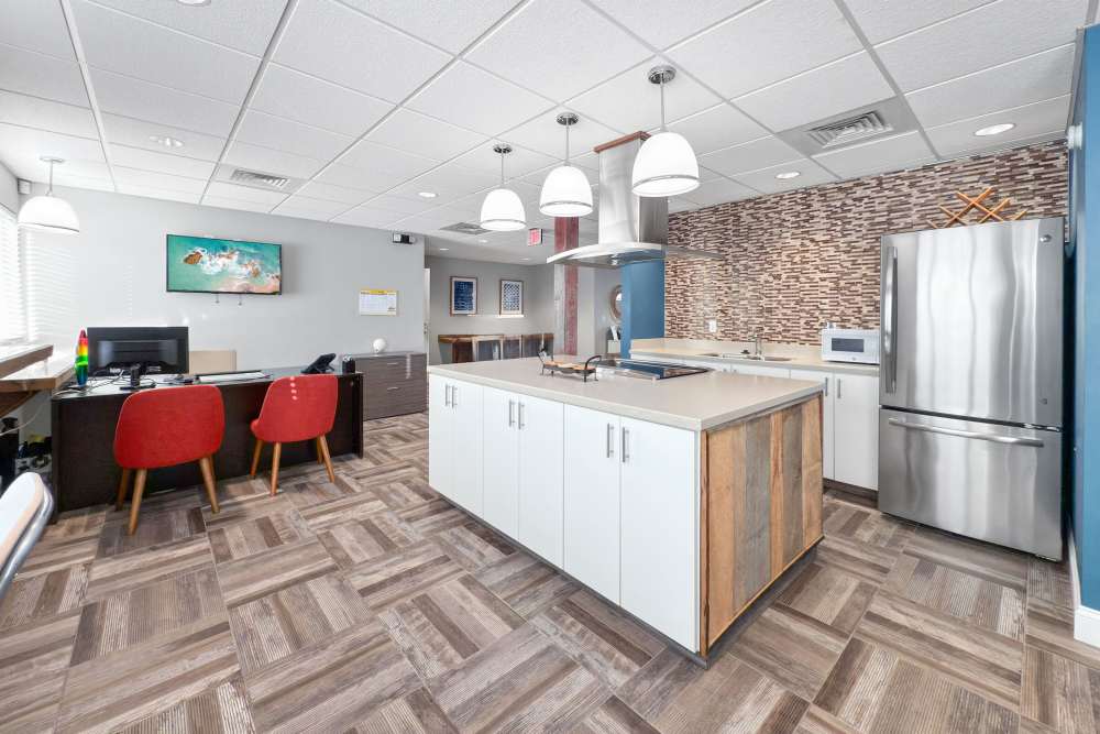 Community kitchen and reception area at Union Flats & Townhomes in Lawrence, Kansas