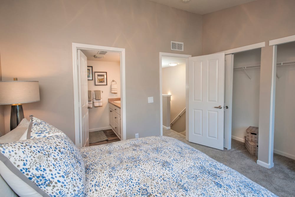 Model bedroom with plush carpeting at Azure Apartment Homes in Petaluma, California