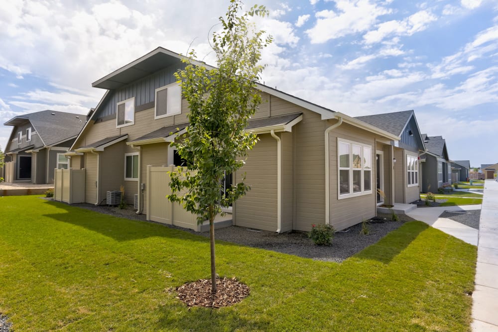 Green lawn outside a townhome at Cedar Park & Canyon Falls Townhomes in Twin Falls, Idaho