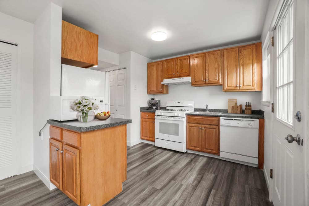 Lovely dining room and kitchen area at Greenwoods in Brockton, Massachusetts