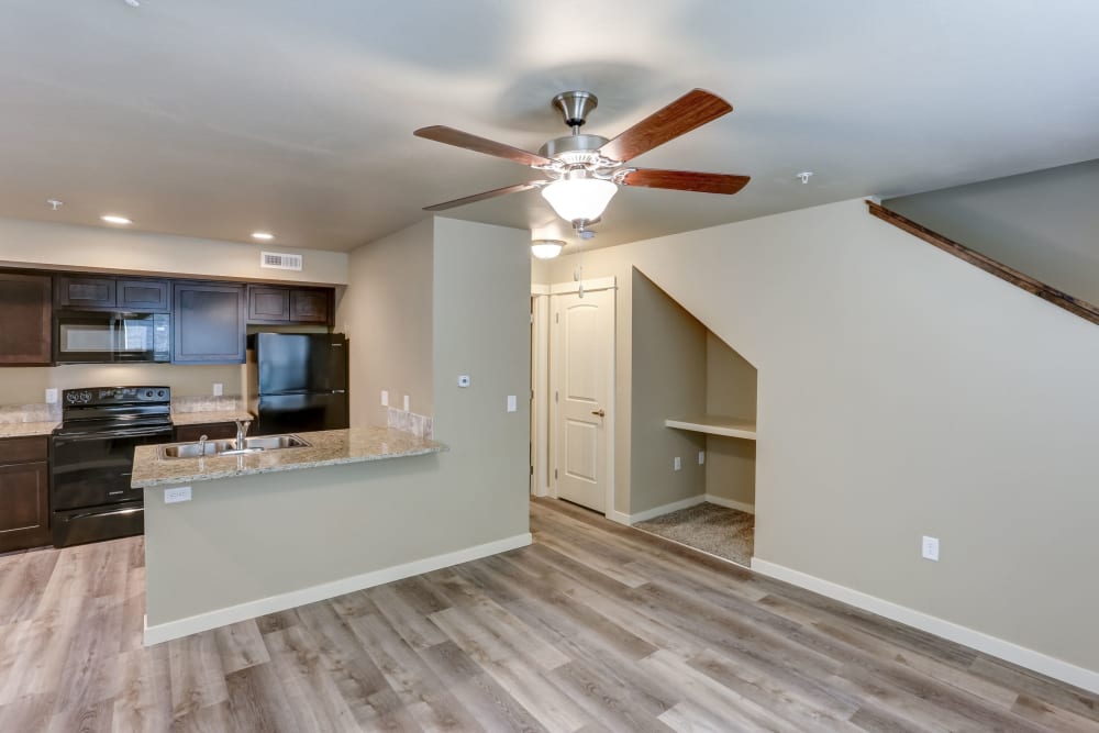 Beautiful wood flooring in the living room at Cedar Park & Canyon Falls Townhomes in Twin Falls, Idaho