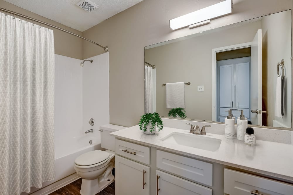 Very clean and bright bathroom at Leander Apartment Homes in Benbrook, Texas