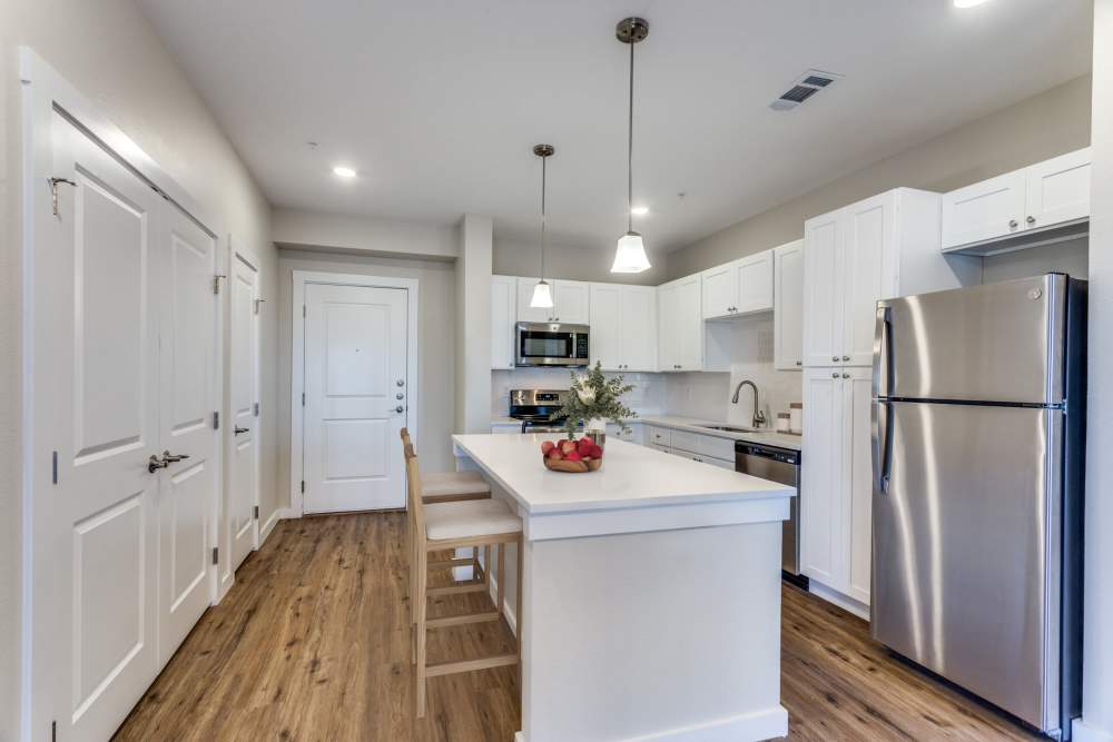Gourmet kitchen with stainless-steel appliances at The Trail Lakes in Fort Worth, Texas