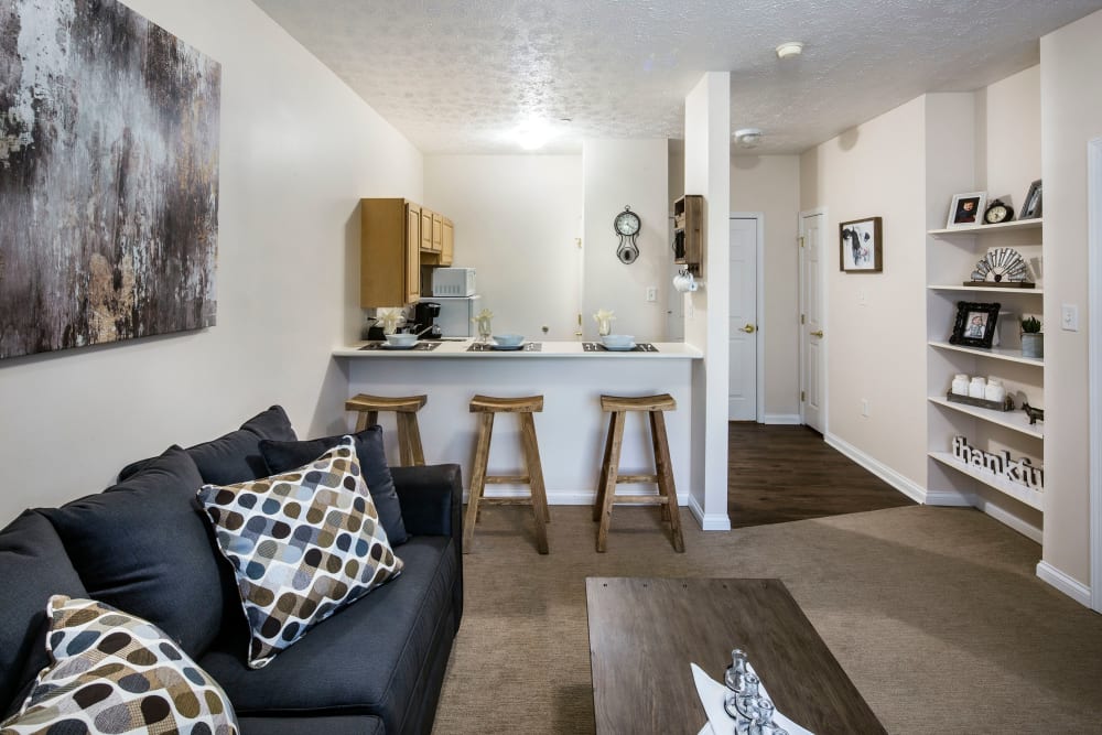 Stylish living room at Kitchen in senior living apartment at GreenTree at Mt. Vernon in Mt. Vernon, Illinois