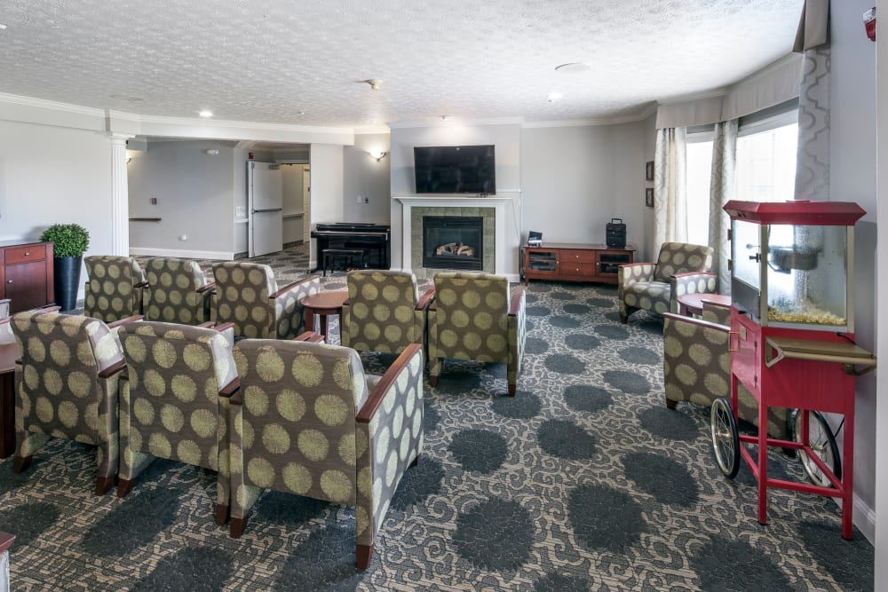 Community cinema room with popcorn machine at GreenTree at Mt. Vernon in Mt. Vernon, Illinois