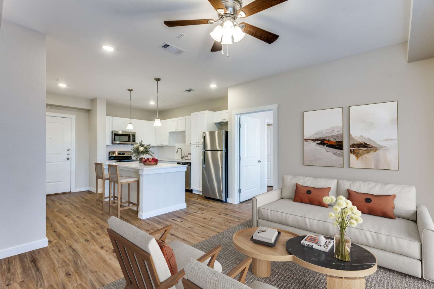 Modern furnishings in a model home's living space at The Trail Lakes in Fort Worth, Texas