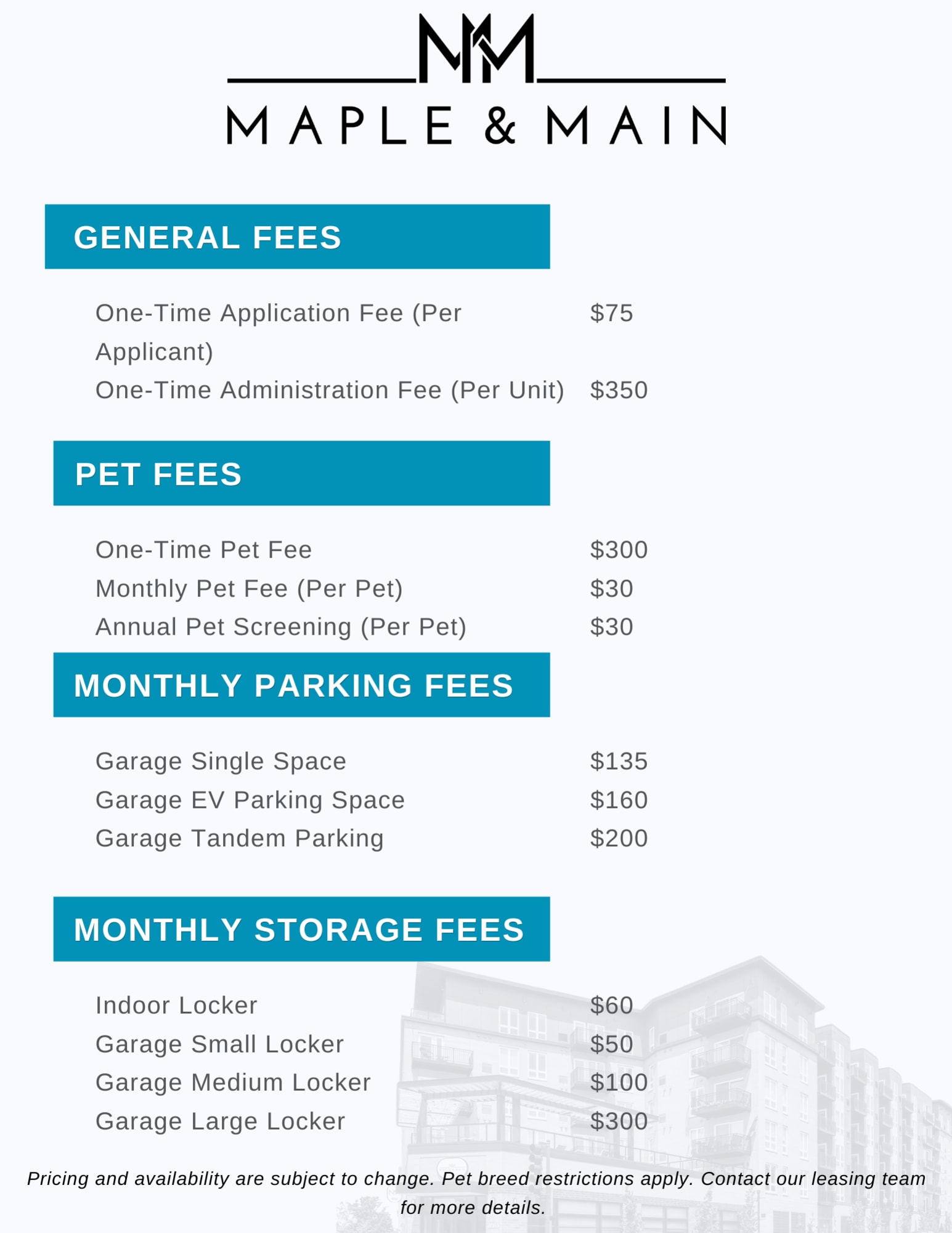 Fees for Maple and Main Apartments