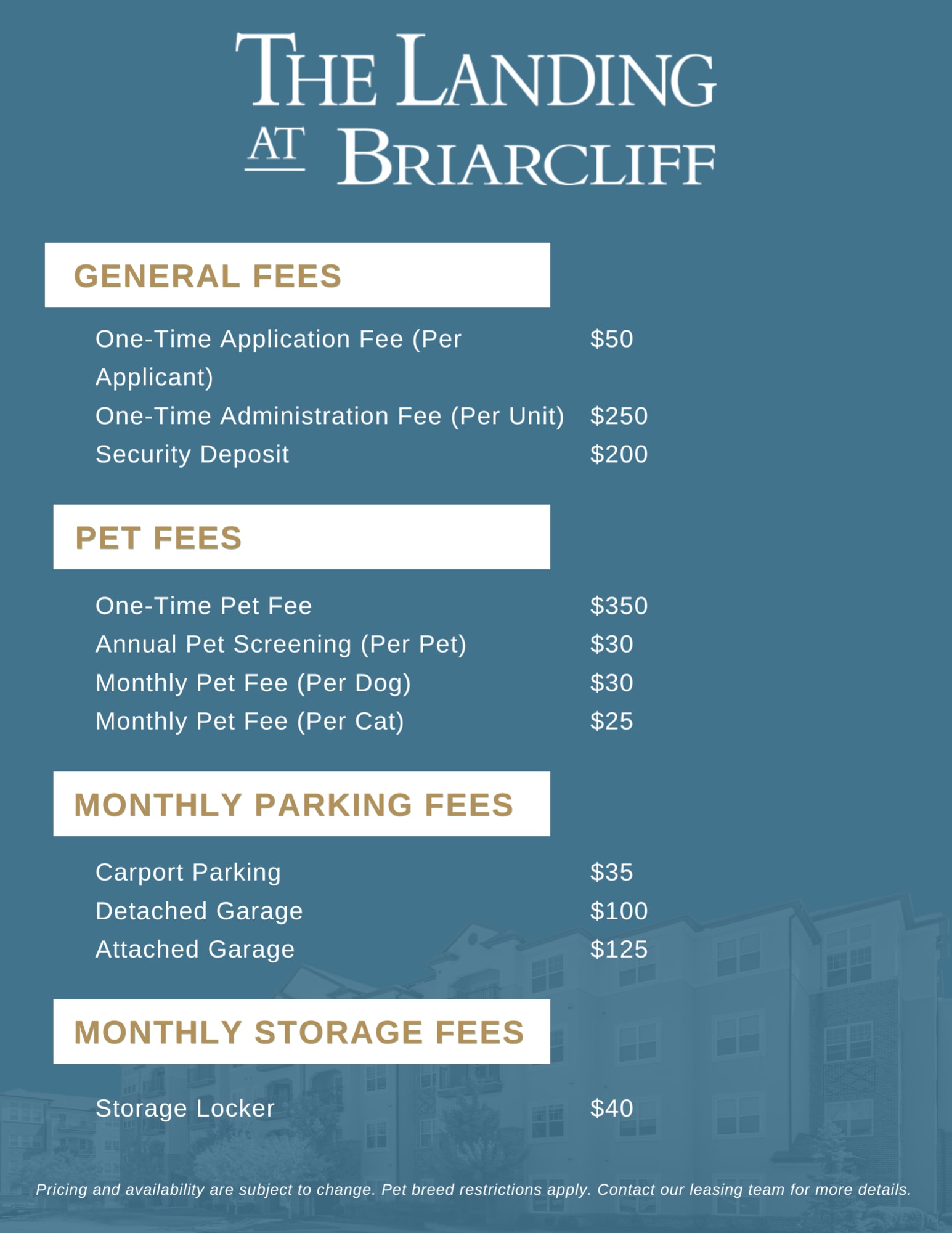 Fees for The Landing at Briarcliff Apartments