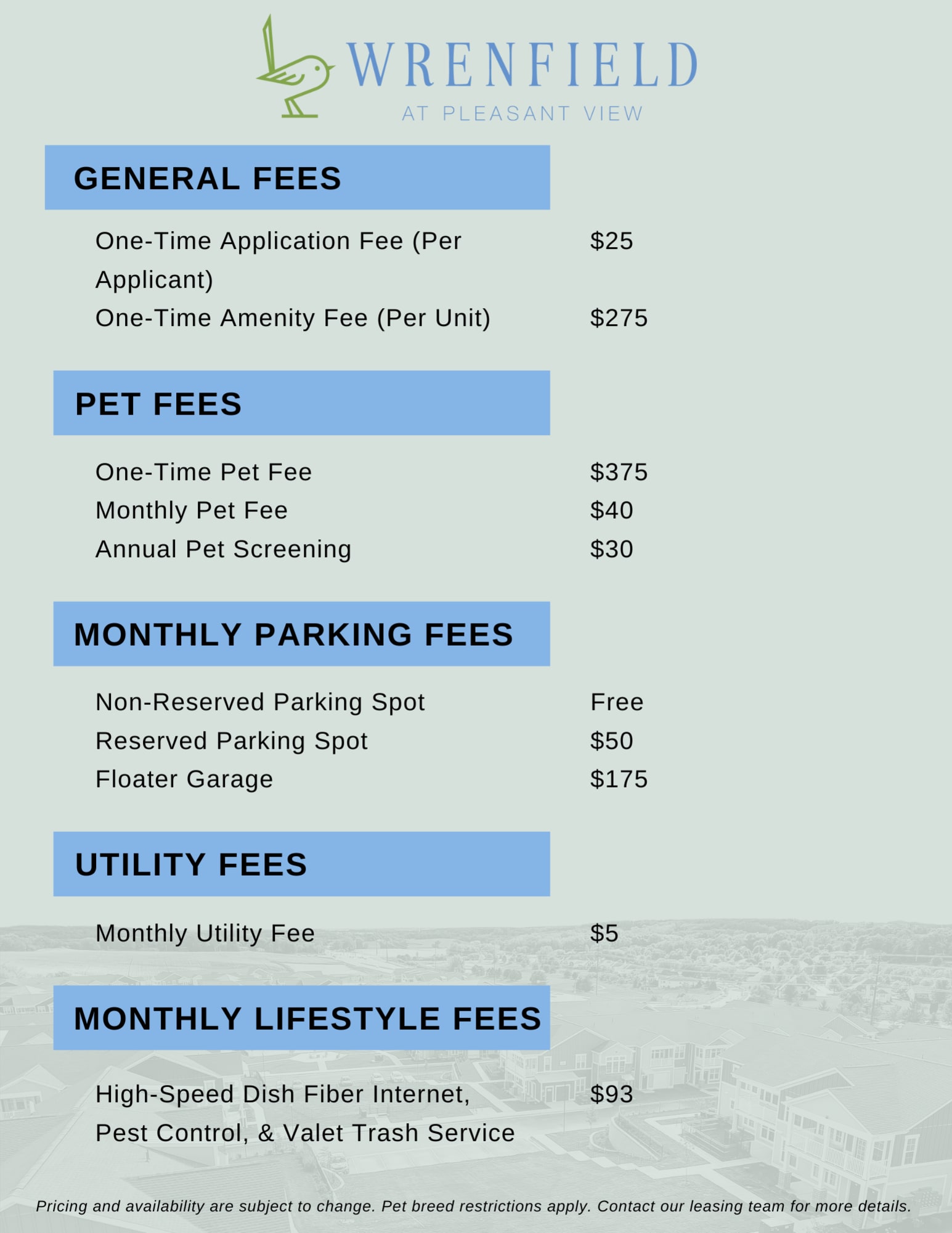 Fees for Wrenfield at Pleasant View Apartments