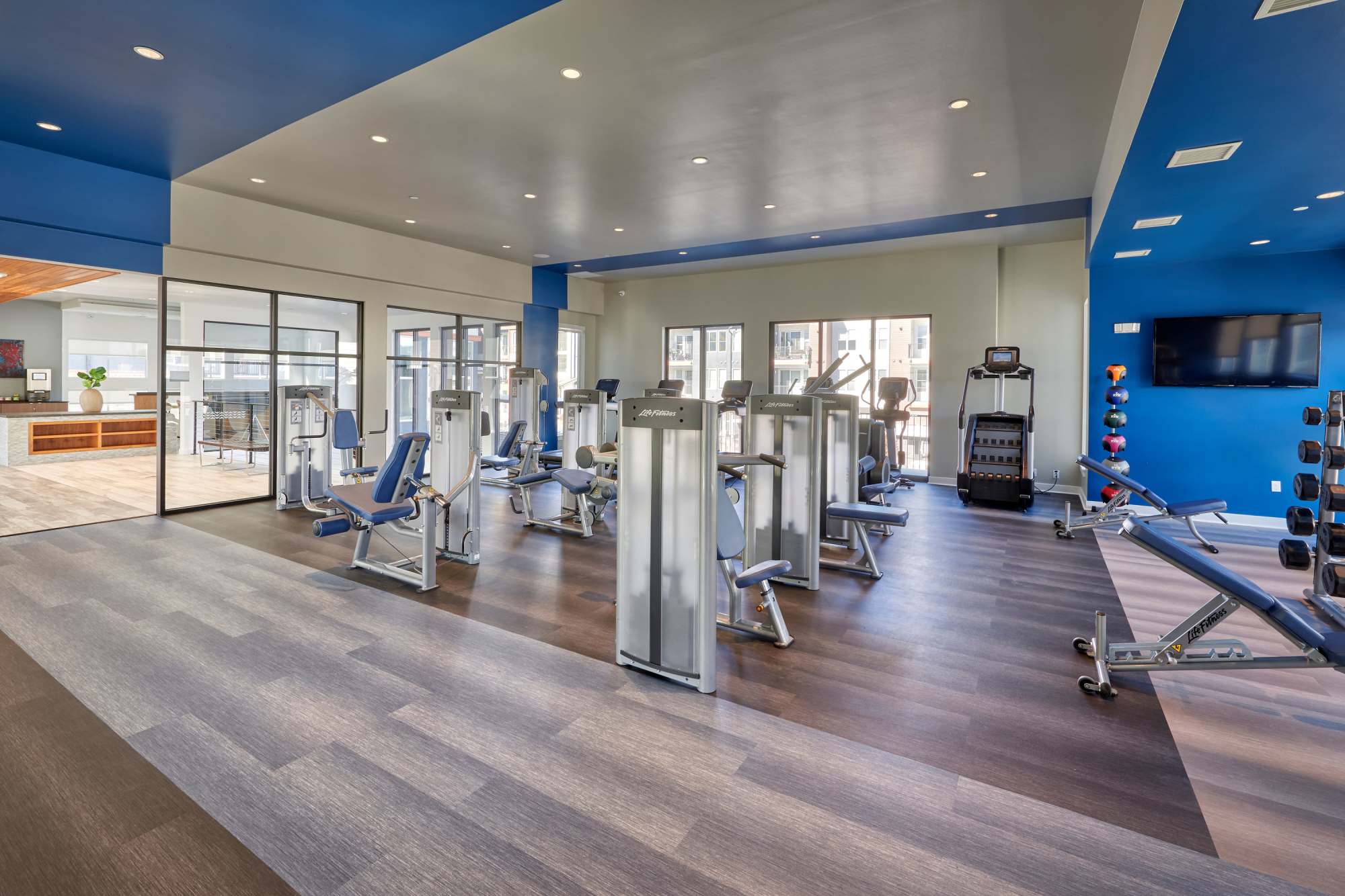 Fitness center with various excercise equipment at Elevate in Englewood, Colorado