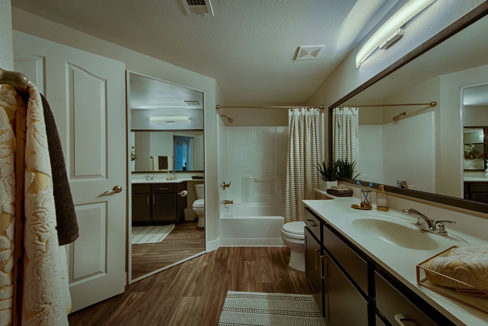 Bathroom with vinyl wood flooring at The Ventura in Chandler, Arizona