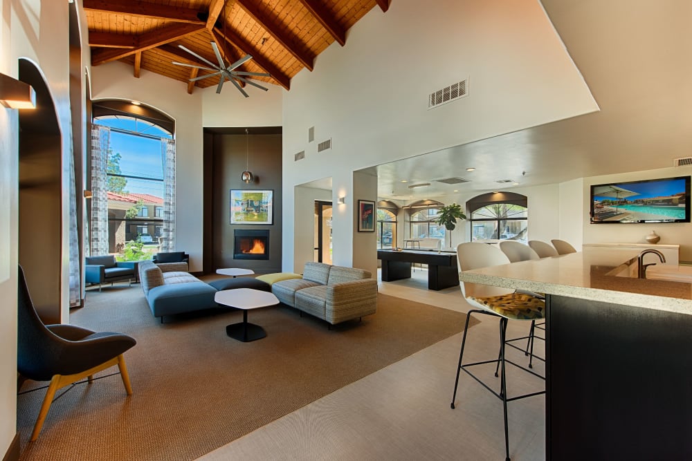 Contemporary decor in resident clubhouse and game room at The Ventura in Chandler, Arizona