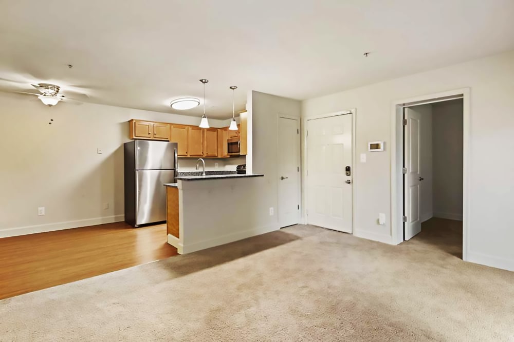 Model kitchen and living room at Fox Run Apartments in Edgewood, Maryland