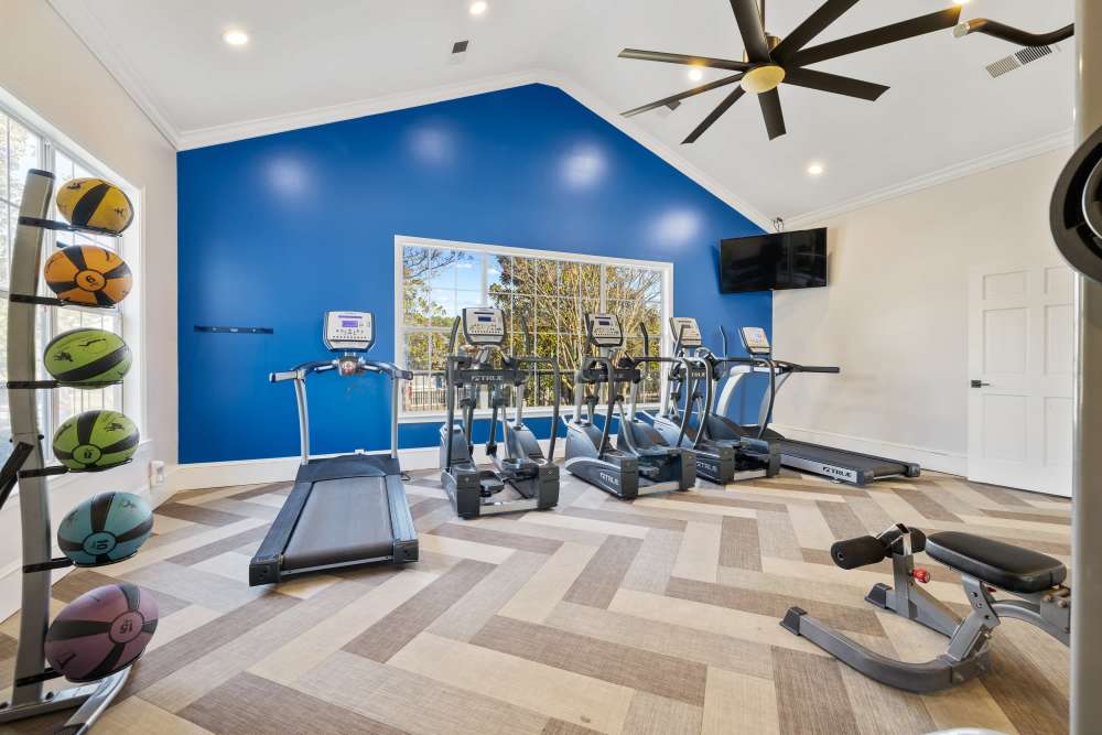 Well equipped fitness center at The Waterford in Morrisville, North Carolina