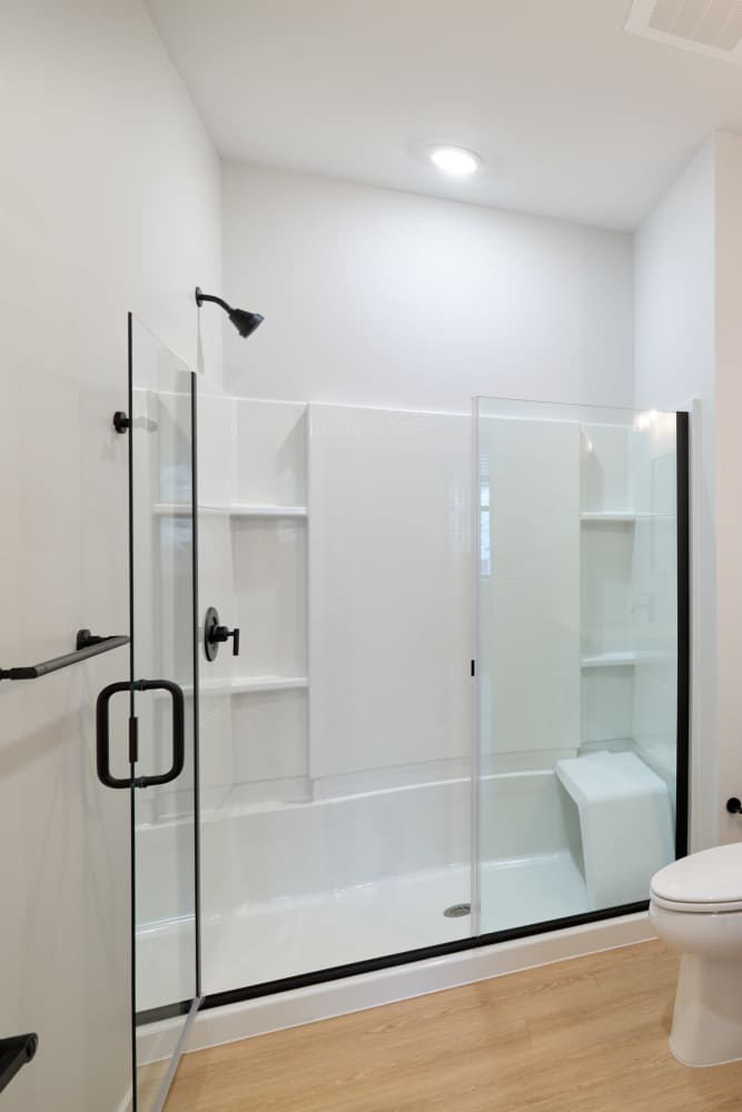 Beautiful walk-in shower in a model home at The Seville Apartments in Easton, Pennsylvania