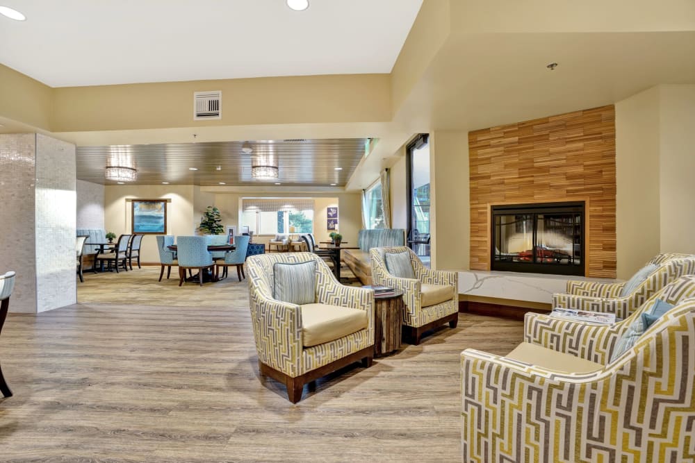 Fireside lounge for residents at The Montera in La Mesa, California